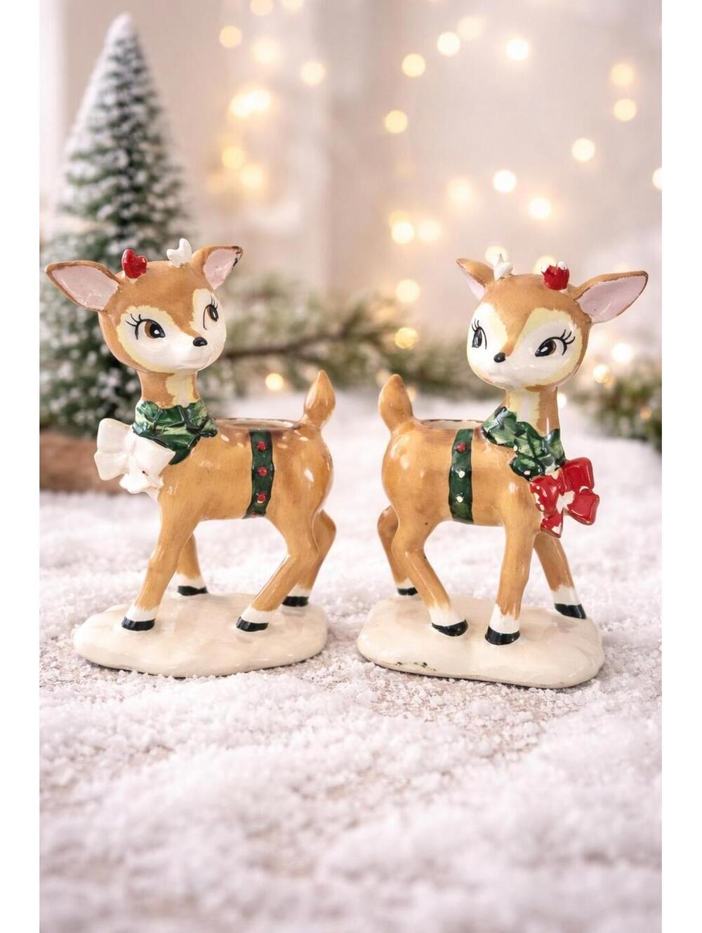 Vintage Lefton Christmas Reindeer Candleholders Set of 2 Japan 1269 Whimsical
